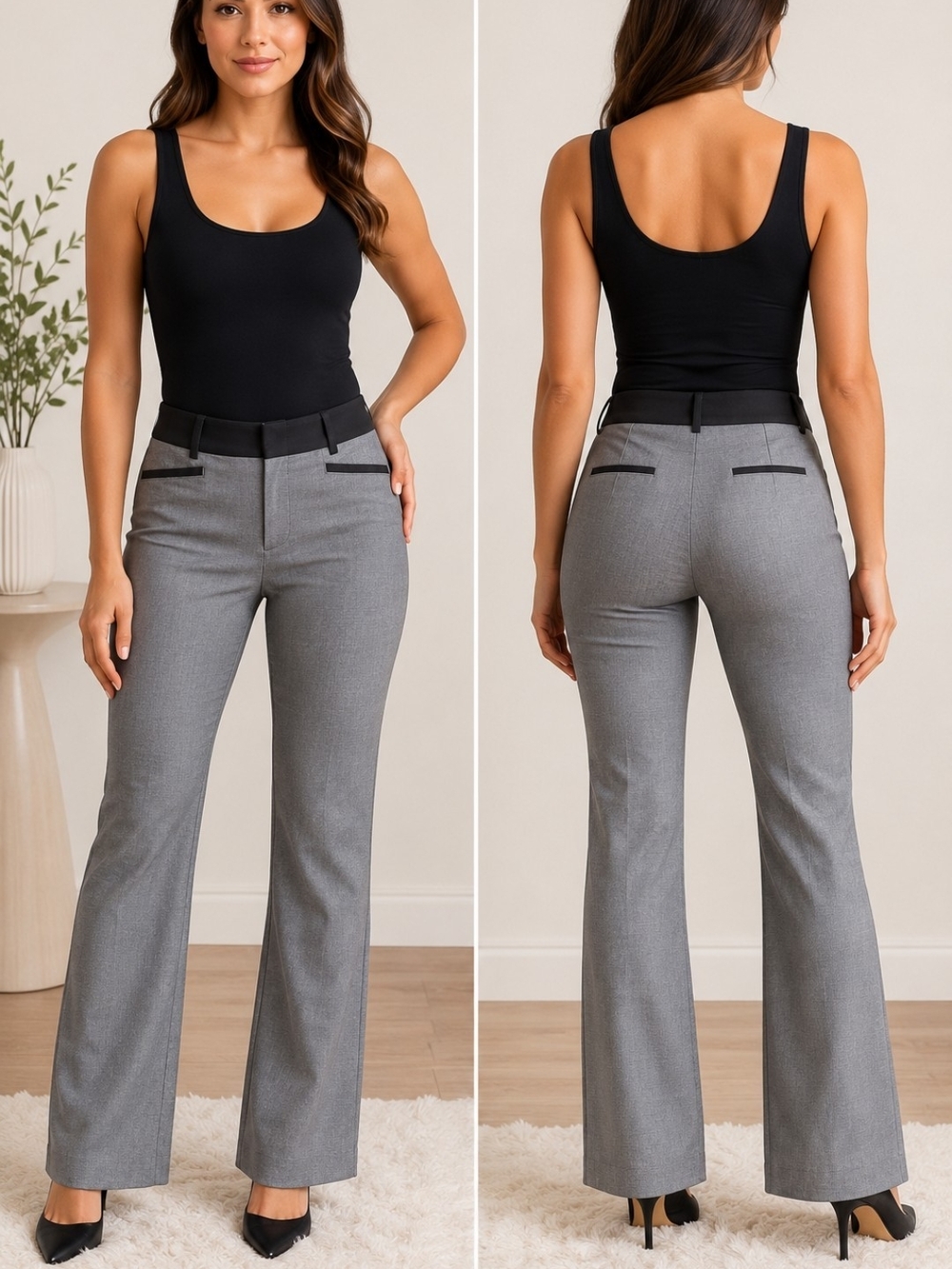 Express Gray Straight-Leg Dress Pants with Black Waistband - Great For office